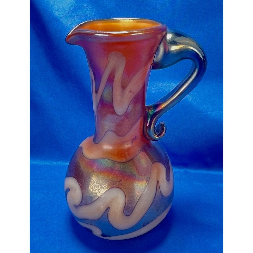 Signed Spurlock 1980 Studio Art Glass Iridescent Vase Applied Handle Loetz Style